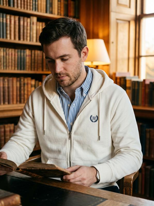 Gros plan sur le buste d'un homme portant un sweat à capuche zippé écru sur une chemise oxford rayée dans une bibliothèque classique à la lumière dorée.