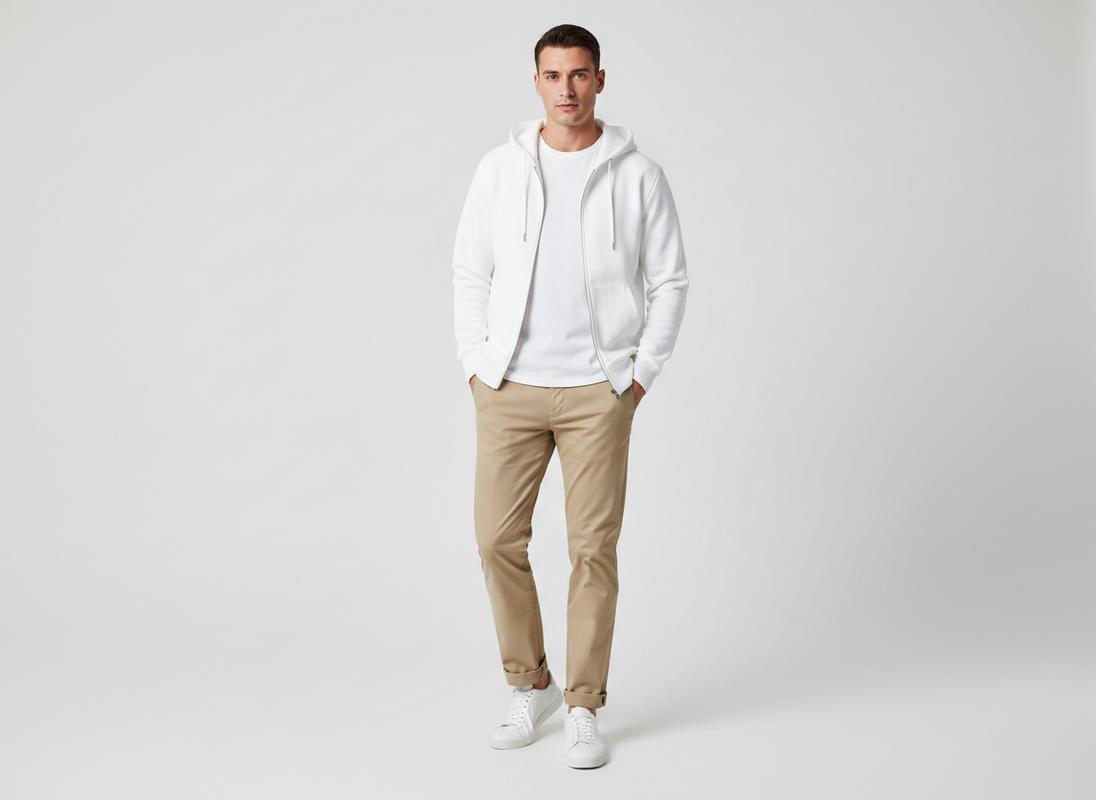 Tenue masculine composée d'un sweat à capuche blanc zippé, d'un pantalon chino beige et de baskets blanches dans un studio lumineux au style lookbook.