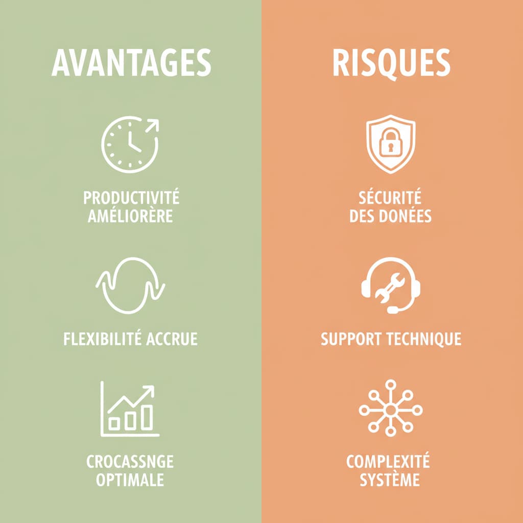 Infographie minimaliste divisée verticalement en deux parties, la gauche verte avec icônes de productivité et flexibilité, la droite orange avec icônes de sécurité et support technique, titres 'AVANTAGES' et 'RISQUES'.