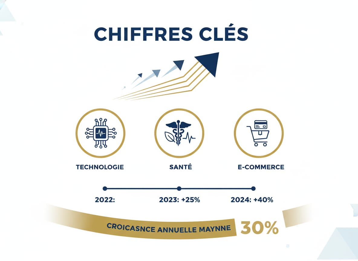 Infographie moderne avec des flèches de croissance ascendantes et des icônes représentant la technologie, la santé et le commerce électronique, sur fond bleu marine et or, avec le texte 'CHIFFRES CLÉS' superposé.