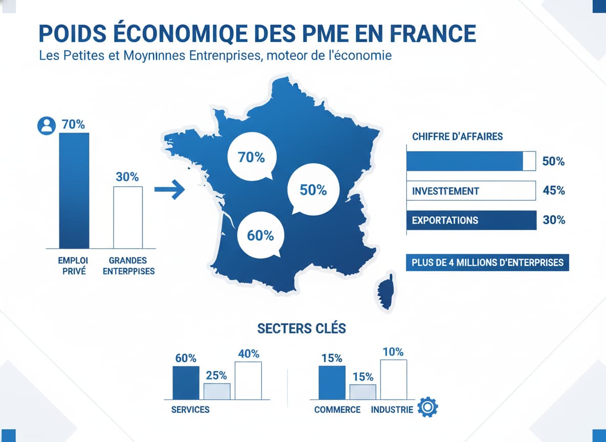 Infographie sur le poids économique des TPE en France avec une carte stylisée du pays, des graphiques à barres et des labels comme 'Emploi privé' et 'Secteurs' en bleu et blanc.