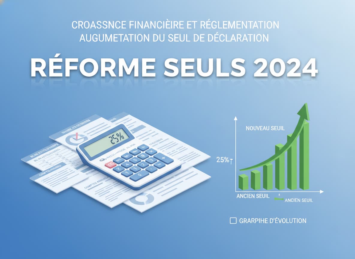 Infographie professionnelle montrant des documents financiers, une calculatrice et un graphique de tendance à la hausse, avec le texte 'RÉFORME SEUILS 2024' en superposition.