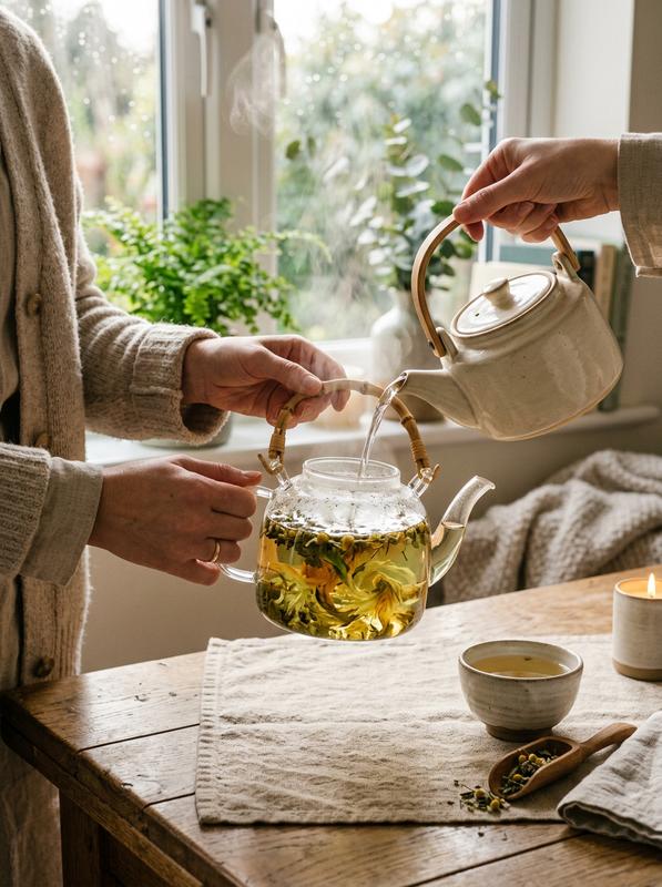Deux mains tiennent une théière en verre transparent où l'eau chaude infuse des feuilles de thé entières dans un tourbillon doré sous une lumière naturelle.