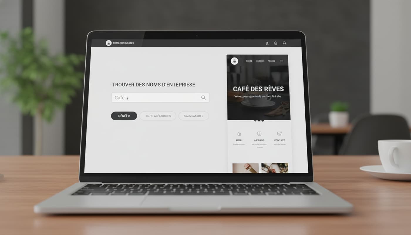 Un écran d'ordinateur portable affiche une interface de création de site web, avec une barre de recherche pour des idées de noms d'entreprise et un aperçu d'une page d'accueil moderne.