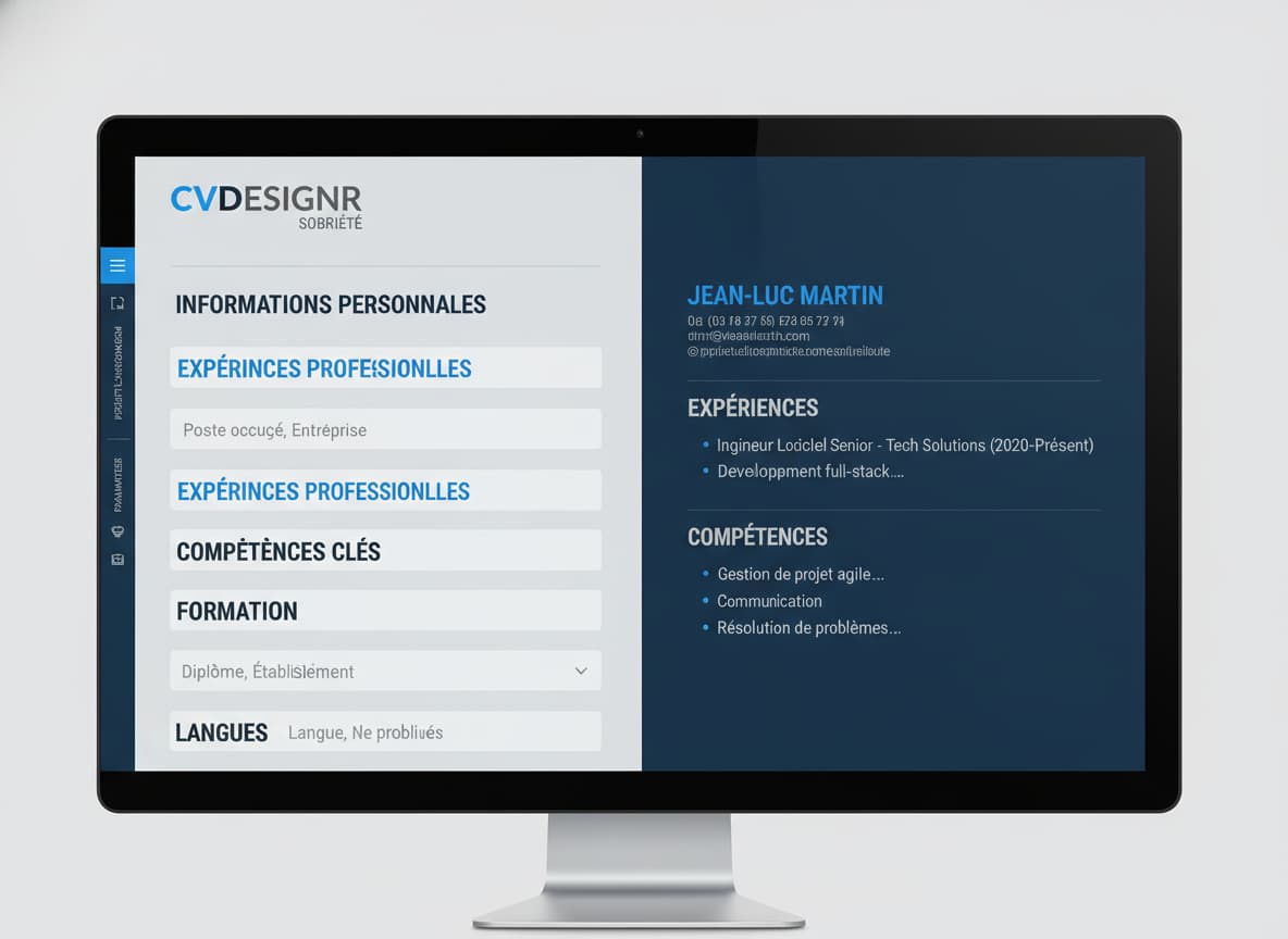 Interface professionnelle de CV sobre avec palette bleue et grise, affichant les titres 'Expériences' et 'Compétences' et le slogan 'CVDESIGNR : SOBRIÉTÉ'.