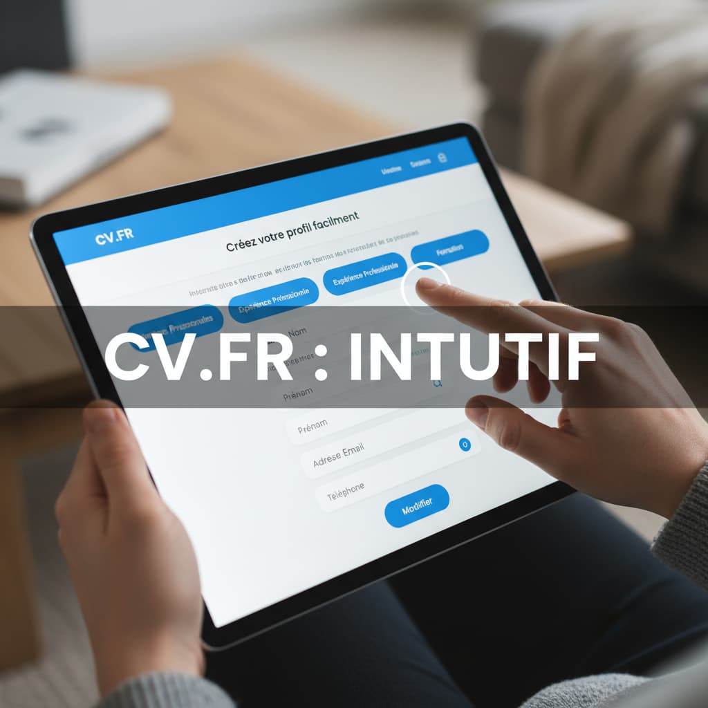 Une tablette affichant une interface de site web moderne avec des boutons arrondis et une typographie lisible, un utilisateur touche l'écran pour modifier une section, texte 'CV.FR : INTUITIF' superposé.