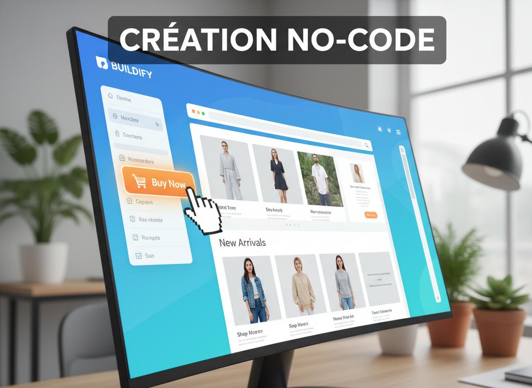 Vue angulaire d'un écran affichant un outil de création de site web sans code où un curseur déplace un bouton d'achat avec le texte Création No-Code.
