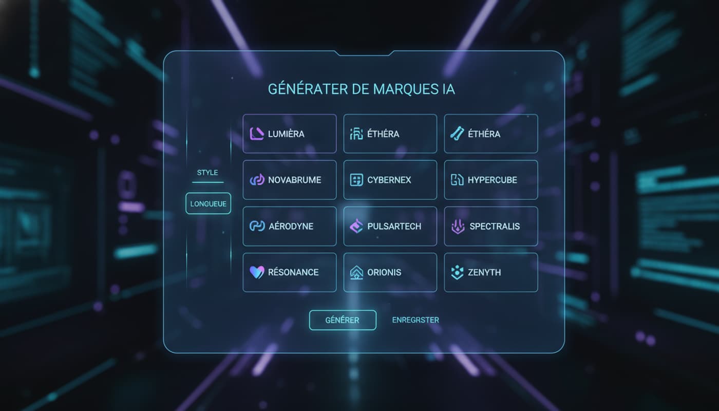 Interface d'ordinateur futuriste affichant une grille de noms de marques modernes avec des filtres de style et de longueur, le tout en français.