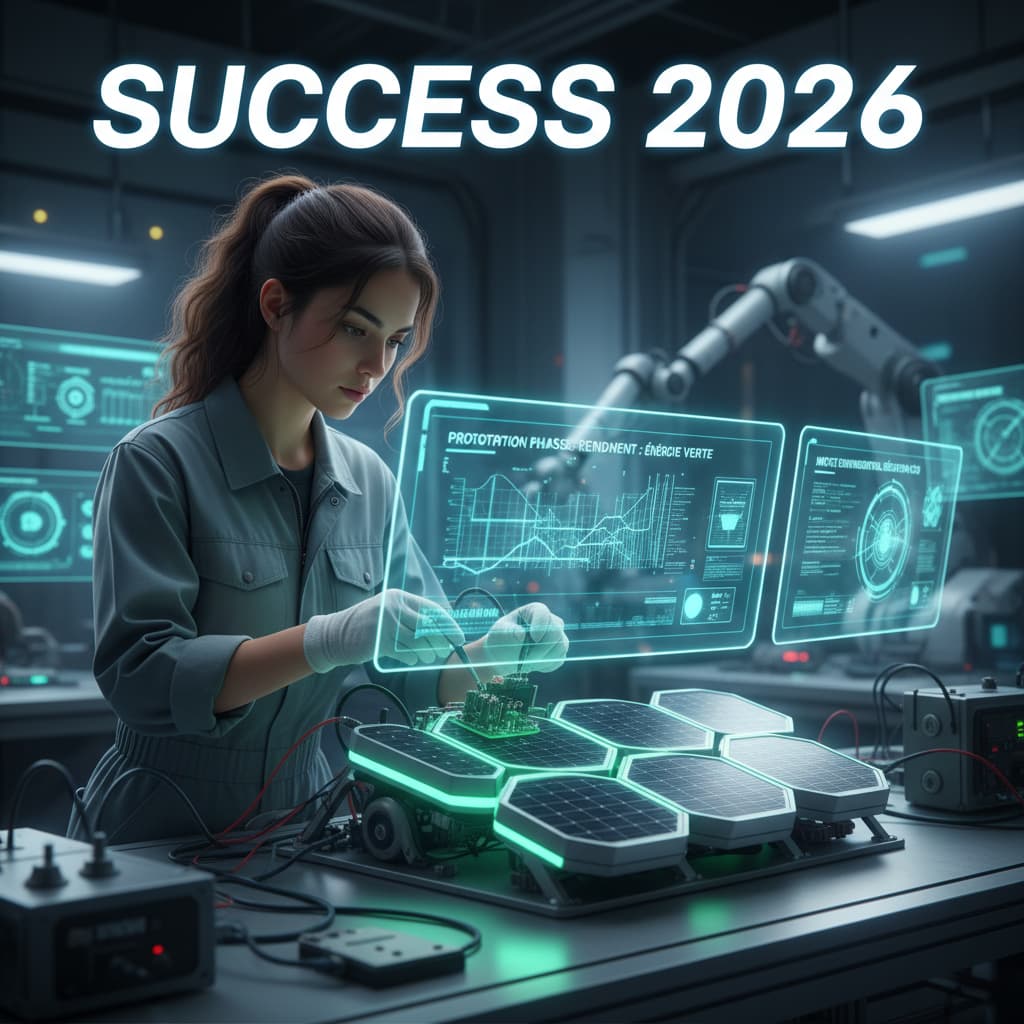 Une jeune femme ingénieur se tient devant un prototype solaire dans un laboratoire high-tech, les écrans techniques affichent des annotations en français, avec le texte 'SUCCESS 2026' superposé.