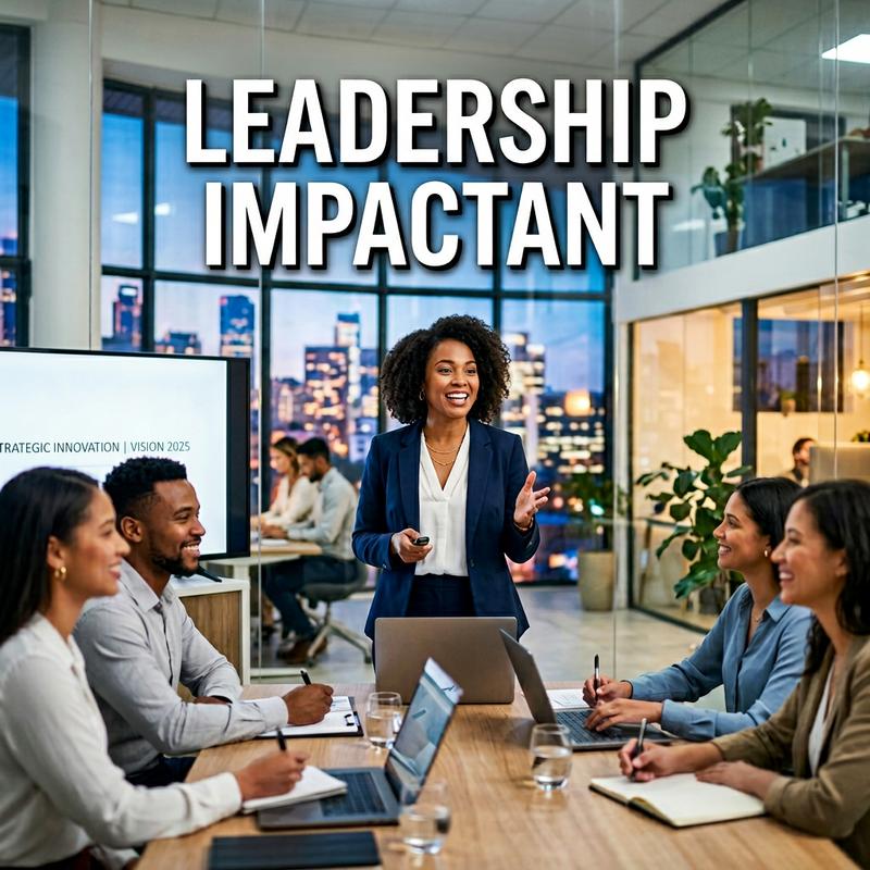 Une entrepreneure à l'expression déterminée s'adresse à ses collègues attentifs dans un bureau vitré lumineux avec le texte Leadership Impactant affiché.