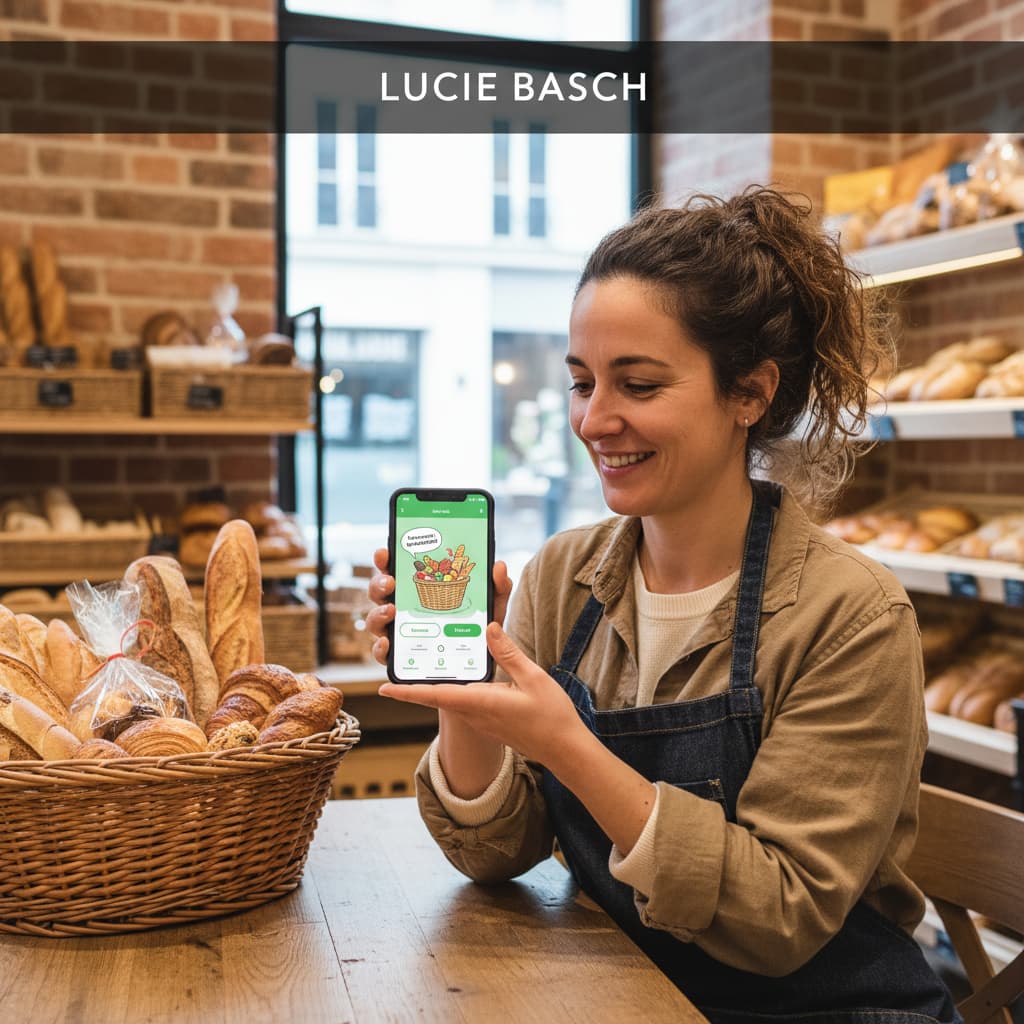 Une femme dans la trentaine tient un smartphone affichant une application de lutte contre le gaspillage alimentaire en français, avec un panier de produits de boulangerie, dans une boulangerie tendance. Un bandeau semi-transparent sombre porte le texte 'LUCIE BASCH'.