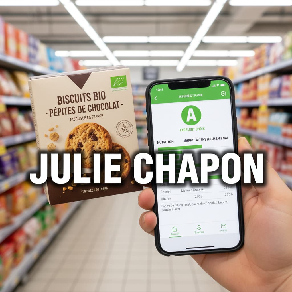 Une main tenant un smartphone qui scanne l'étiquette d'un produit alimentaire dans un supermarché, l'écran montre une note santé et des données nutritionnelles, avec le texte 'JULIE CHAPON' superposé.
