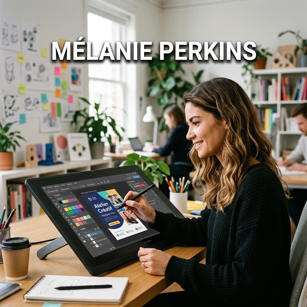 Plan rapproché d'une femme fondatrice visionnaire travaillant sur une grande tablette design avec une interface graphique colorée en français, le nom 'MÉLANIE PERKINS' superposé avec une ombre portée.