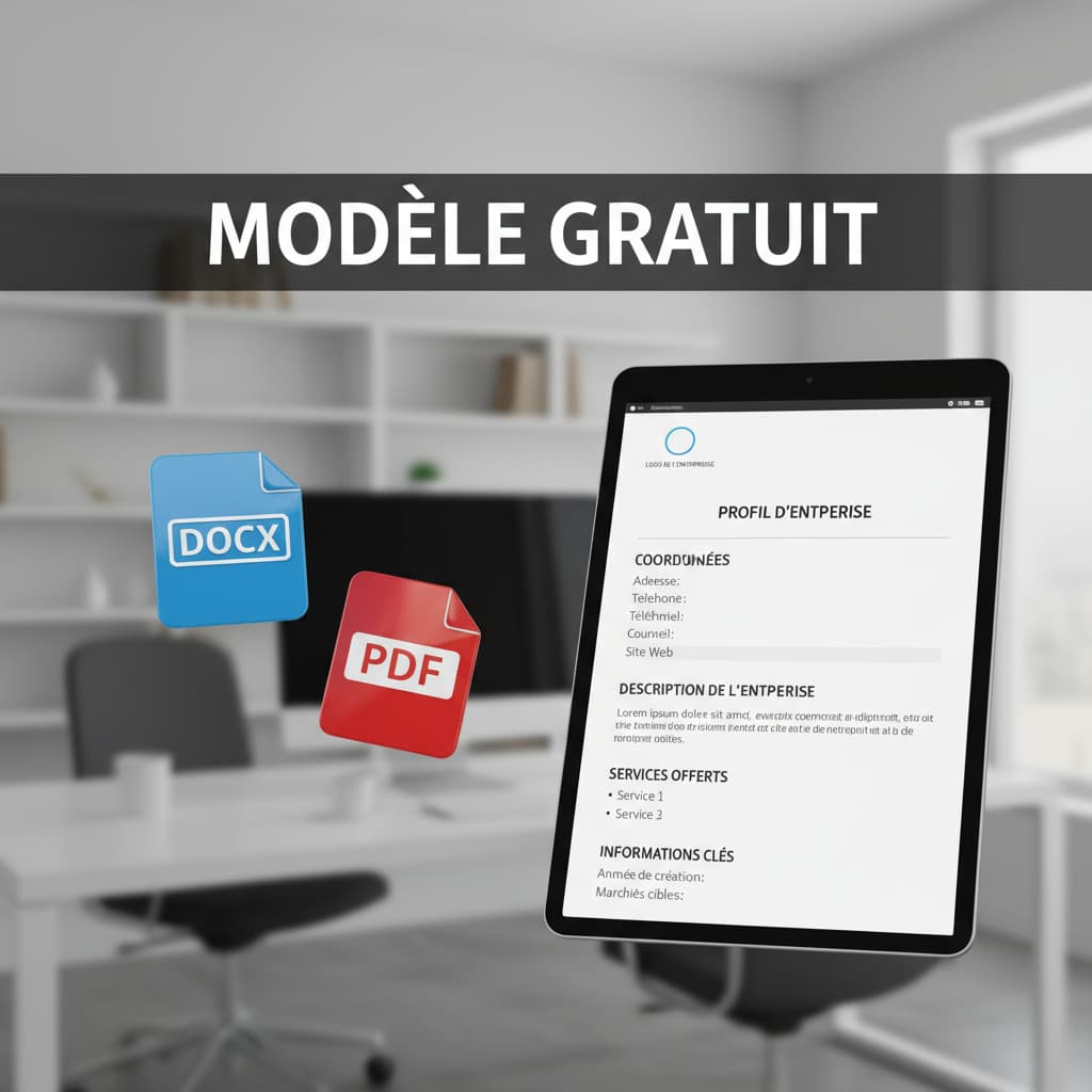 Deux icônes de documents Word et PDF flottant au-dessus d'un fond de bureau flou, à côté d'un aperçu de modèle vierge de fiche d'identité avec espaces réservés, texte 'MODÈLE GRATUIT' superposé.