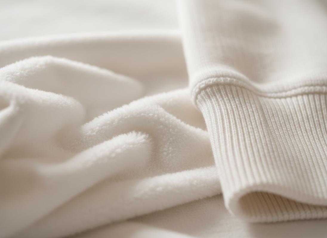 Gros plan macro sur la texture d'un molleton de coton blanc révélant la douceur des boucles et la finesse du tricotage d'un poignet sous une lumière diffuse.