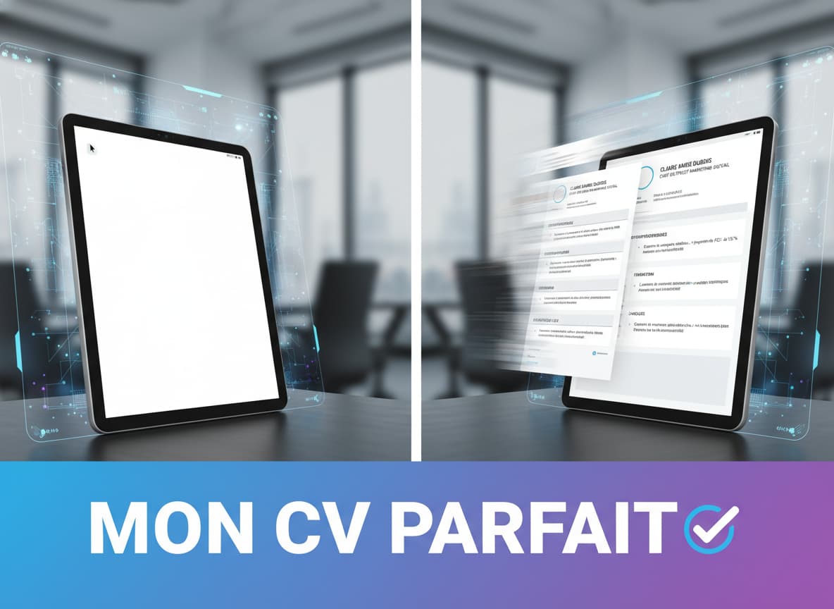 Vue en écran partagé montrant la transformation rapide d'une page blanche en un CV professionnel formaté, avec une interface moderne et le texte 'MON CV PARFAIT' en superposition.