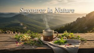 Mug en céramique fumant sur une table en bois rustique parsemée de fleurs face aux montagnes d'Auvergne au soleil couchant avec le texte Savourer la Nature.