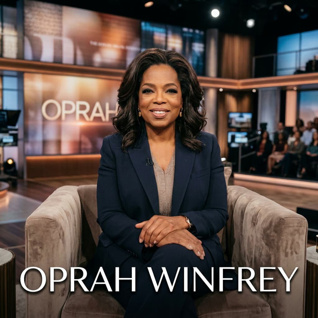 Portrait d'une femme afro-américaine assise dans un studio de télévision, souriant légèrement, avec des écrans lumineux en arrière-plan et le texte 'OPRAH WINFREY' superposé.
