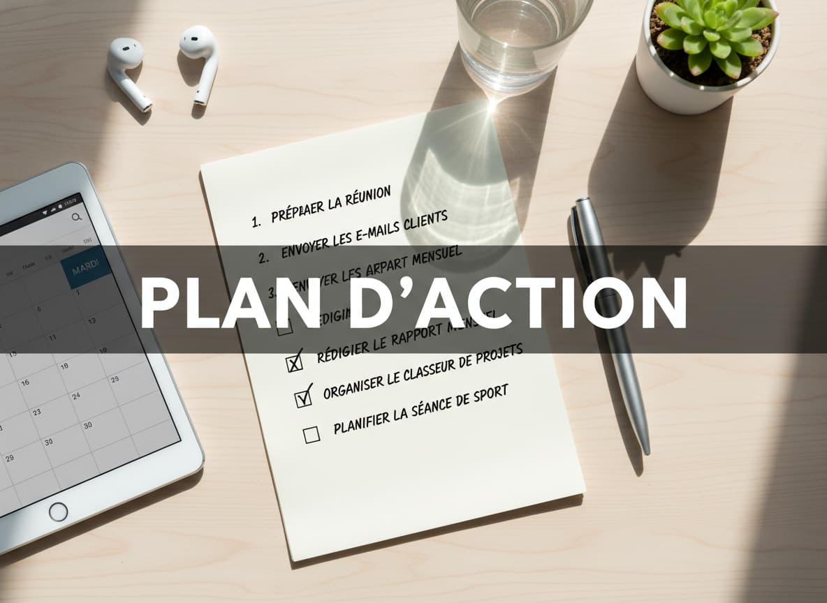 Vue du dessus d'un bureau organisé avec une checklist en papier, un stylo et une tablette, avec le texte 'PLAN D'ACTION' en superposition.