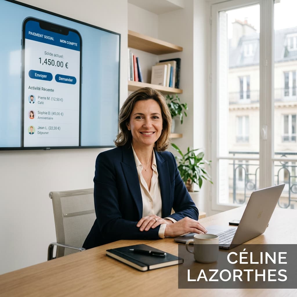 Portrait d'une femme élégante ressemblant à Céline Lazorthes dans un bureau parisien minimaliste, avec un écran affichant une application de paiement sociale en arrière-plan et un texte superposé 'CÉLINE LAZORTHES'.