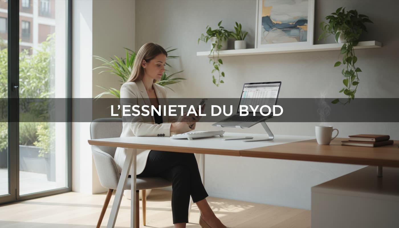 Femme professionnelle dans un bureau à domicile lumineux, utilisant ordinateur portable et smartphone, avec le texte 'L'ESSENTIEL DU BYOD' en surimpression.