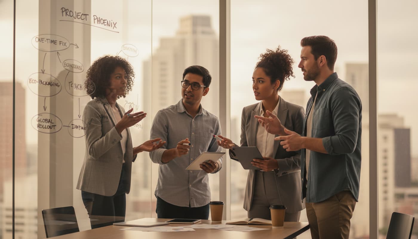 Quatre professionnels de diverses origines se rassemblent spontanément autour d'un tableau blanc dans un bureau moderne aux murs de verre, discutant et notant des idées avec énergie.