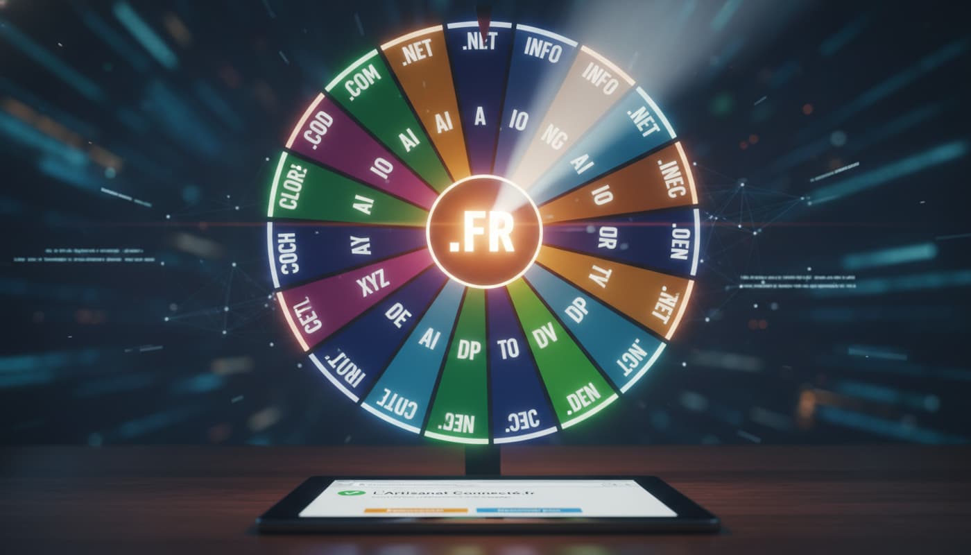 Une roue composée d'extensions de sites web est éclairée par un projecteur sur le .fr ; au premier plan, une tablette affiche un résultat de recherche avec un voyant vert à côté d'un nom d'entreprise français.