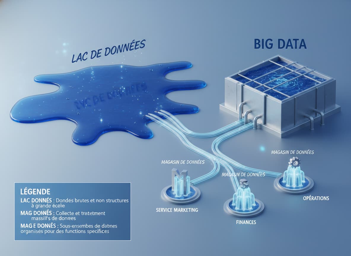 Un paysage conceptuel en 3D montre un lac bleu profond représentant un Data Lake, un réservoir industriel pour Big Data, et des fontaines d'eau pour les Data Marts, avec des étiquettes en français.
