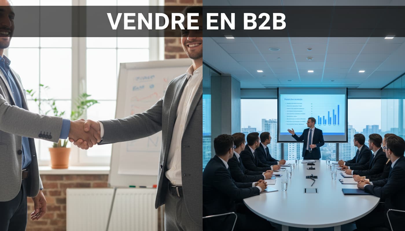Comparaison côte à côte d'une poignée de main entre deux fondateurs dans un bureau lumineux et d'une réunion formelle de conseil d'administration avec écran de projection, avec le texte 'VENDRE EN B2B' superposé.