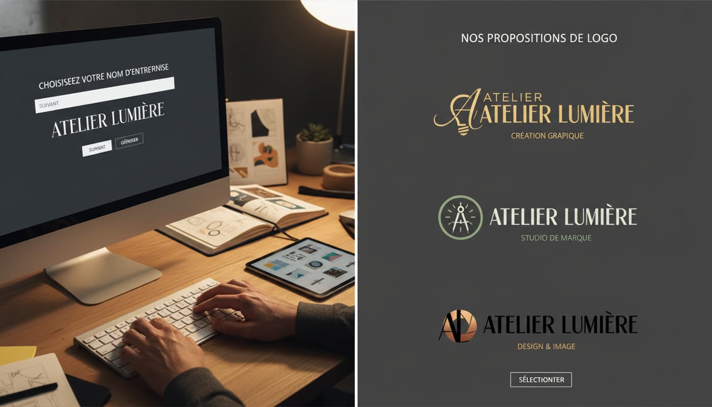 Split-screen montrant à gauche la sélection d'un nom d'entreprise et à droite trois variantes de logo avec typographies et icônes distinctes.