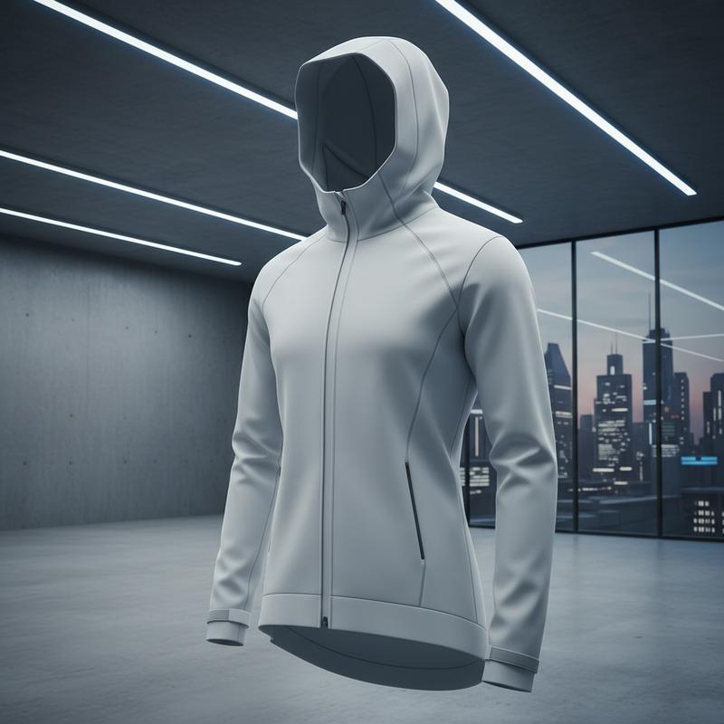 Sweat blanc à capuche en tech fleece avec coutures thermocollées, éclairé par une lumière froide sur un fond architectural épuré.