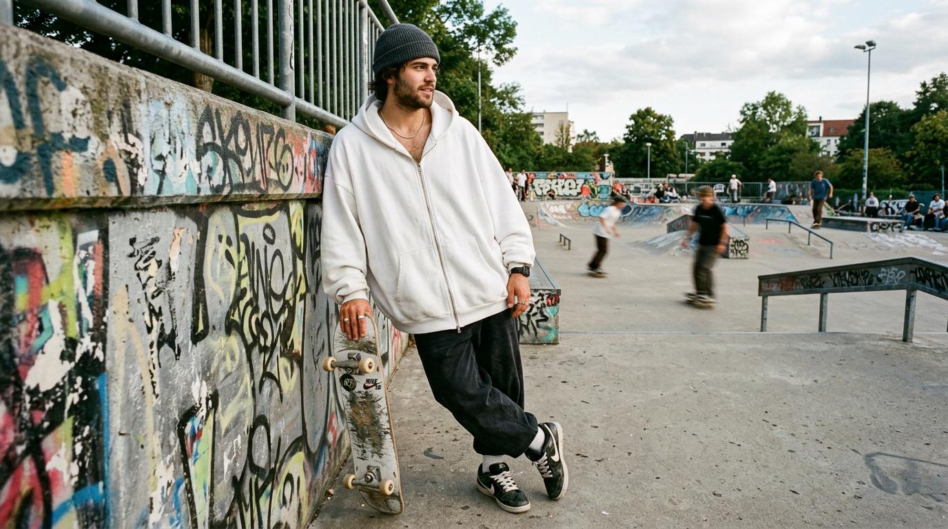 Jeune homme portant un sweat à capuche blanc zippé très large aux épaules tombantes adossé à un mur brut dans un skatepark.