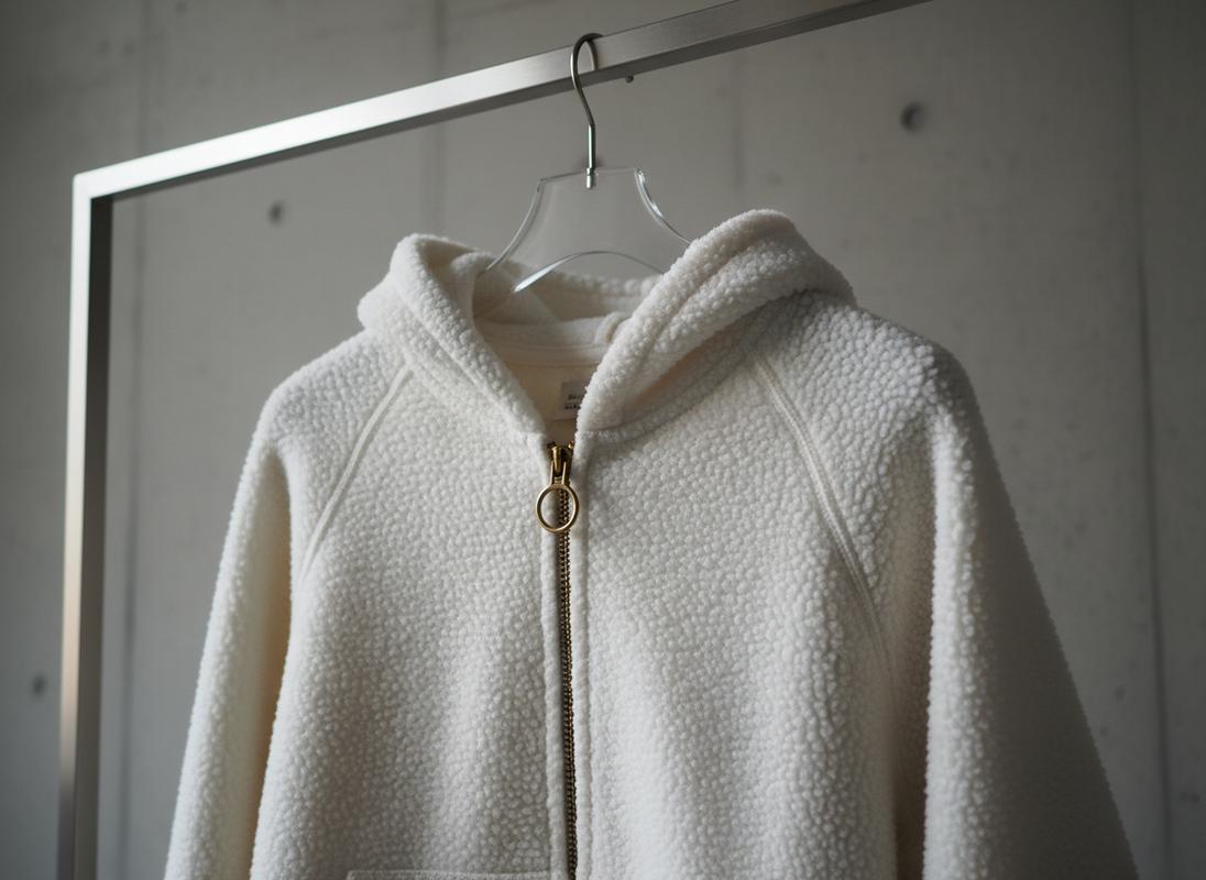 Sweat à capuche zippé blanc en coton épais avec fermeture éclair en laiton suspendu sur un portant métallique minimaliste.