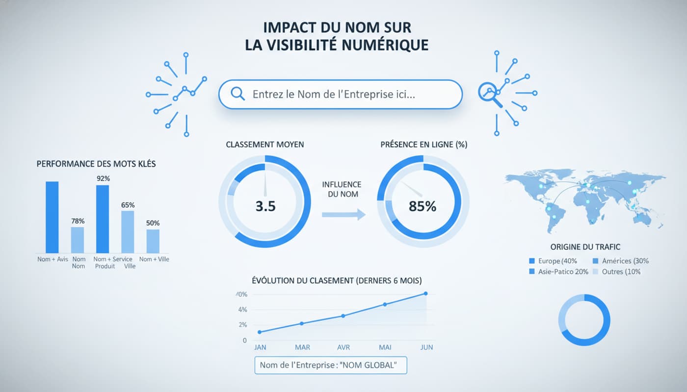 Interface de tableau de bord avec une barre de recherche centrale, des icônes de loupe et de graphiques de performance, le tout en français.