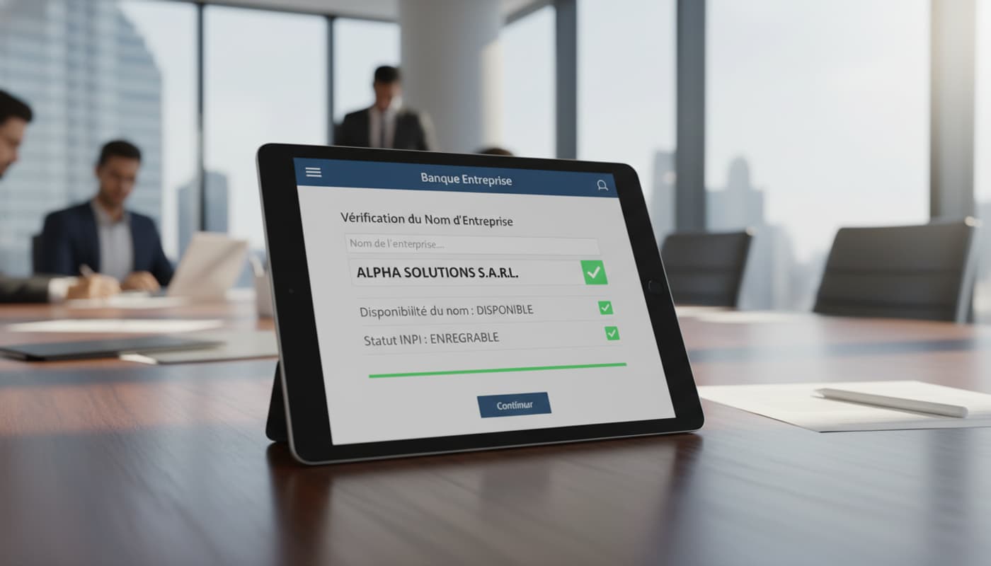 Tablette avec application bancaire professionnelle affichant un outil de vérification de disponibilité de nom d'entreprise et un indicateur vert de confirmation.