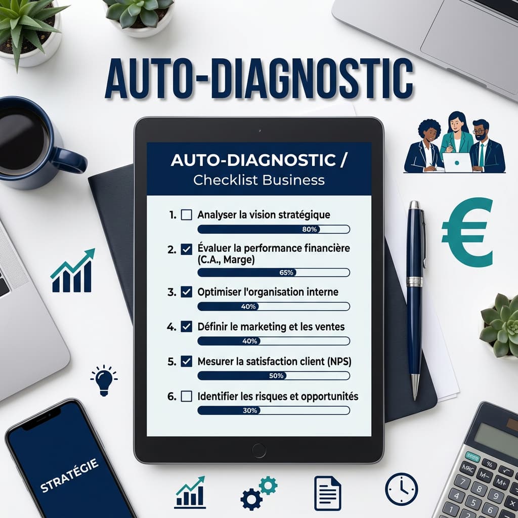 Un flat-lay composé d'une tablette montrant une checklist et un stylo, entouré d'icônes d'affaires comme un petit groupe de personnes et un symbole de devise, le tout sur un fond bleu marine et sarcelle, avec le texte superposé 'AUTO-DIAGNOSTIC'.