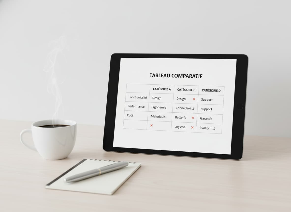 Une tablette affichant un tableau de comparaison propre avec quatre catégories, à côté d'une tasse de café et d'un stylo design sur un bureau minimaliste.