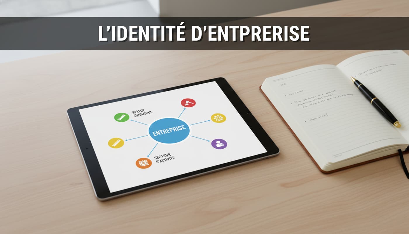 Une tablette numérique posée sur un bureau en bois affiche une carte mentale avec des icônes colorées, un carnet et un stylo sont à côté, et un texte superposé indique 'L'IDENTITÉ D'ENTREPRISE'.