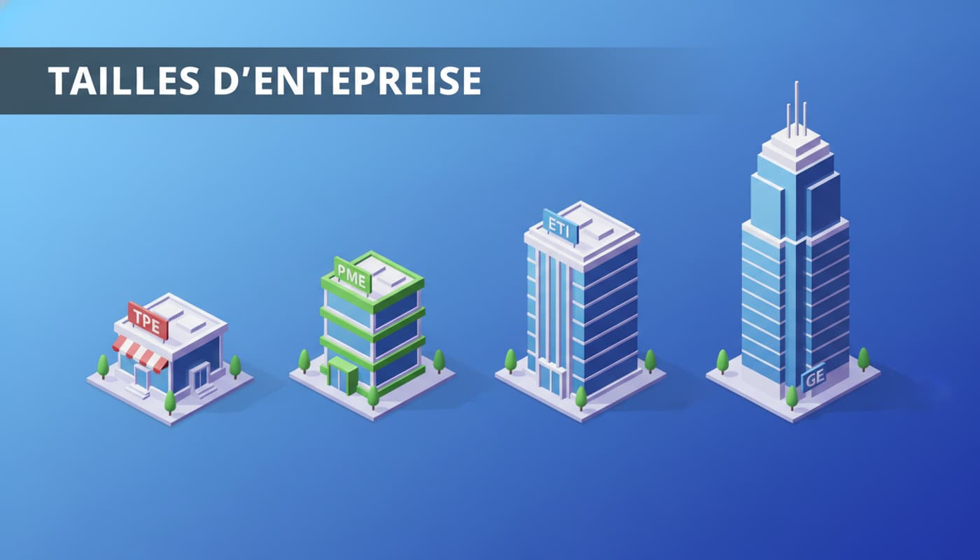 Quatre bâtiments d'entreprise de tailles croissantes dans un style isométrique moderne sur fond dégradé bleu, avec le texte 'TAILLES D'ENTREPRISE' en superposition.
