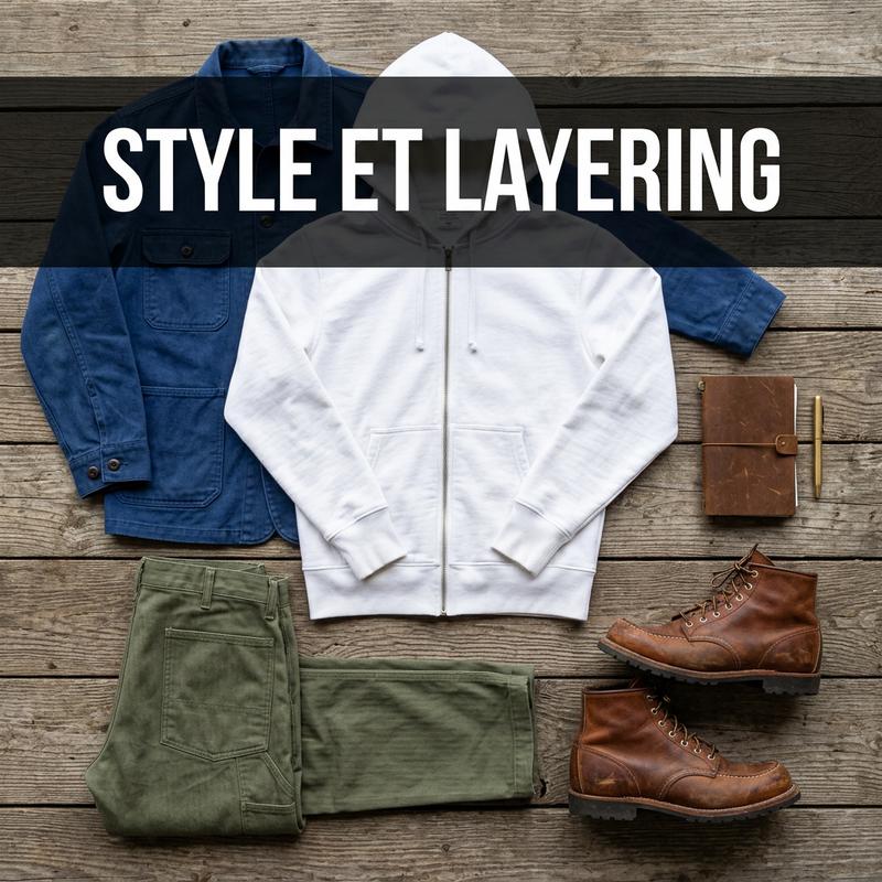 Vue de dessus d'un sweat à zip blanc, d'une veste de travail bleue, d'un pantalon fatigue olive et de bottines en cuir avec le texte Style et Layering.
