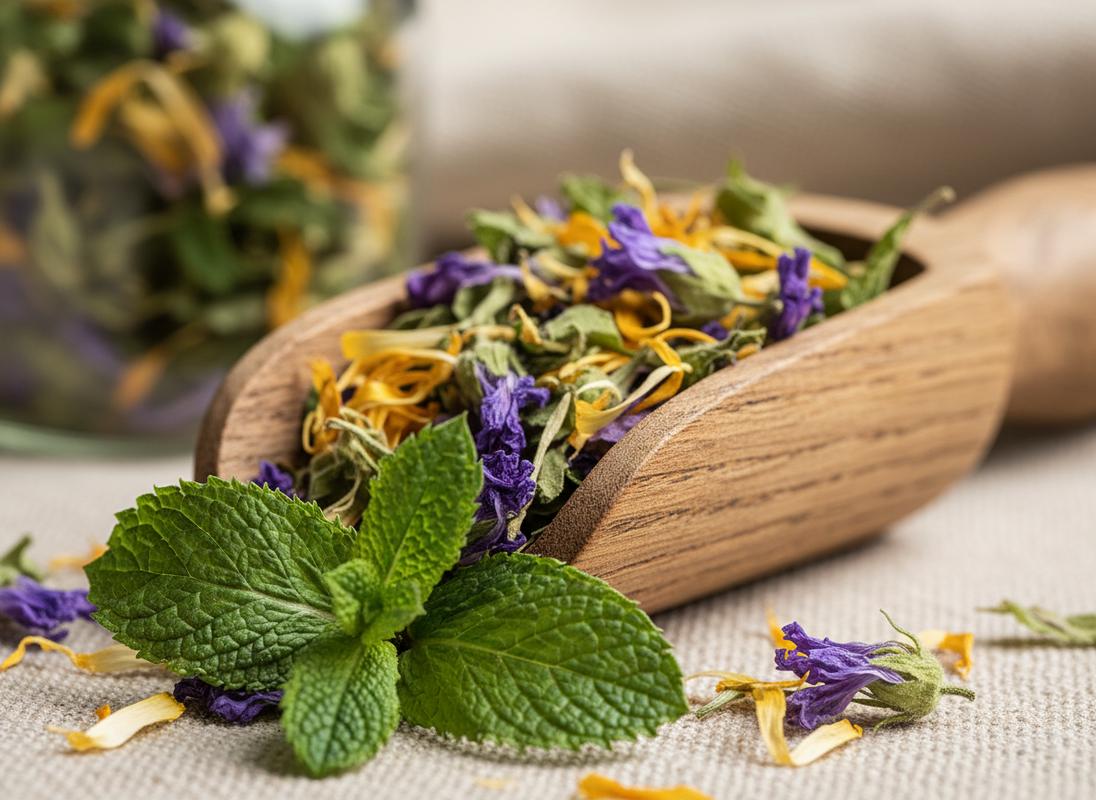 Une cuillère en bois rustique contient des feuilles de menthe, des pétales de souci jaunes et des fleurs de mauve devant un bocal en verre et un linge en lin.