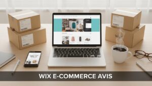 Un ordinateur portable affichant une boutique de mode Wix est entouré de colis, d'un smartphone et d'un café sur un bureau avec le texte Wix e-commerce avis.