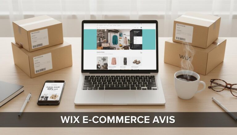 Un ordinateur portable affichant une boutique de mode Wix est entouré de colis, d'un smartphone et d'un café sur un bureau avec le texte Wix e-commerce avis.