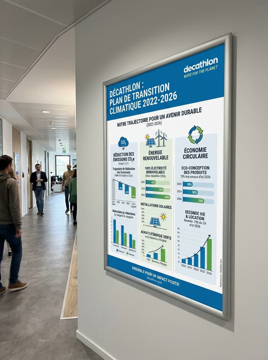 Affiche encadrée sur un mur dans un couloir d'entreprise, présentant le Plan de transition climatique de Décathlon avec des graphiques de réduction des émissions, des icônes d'énergie renouvelable et des symboles d'économie circulaire, le tout dans les tons bleu et blanc.
