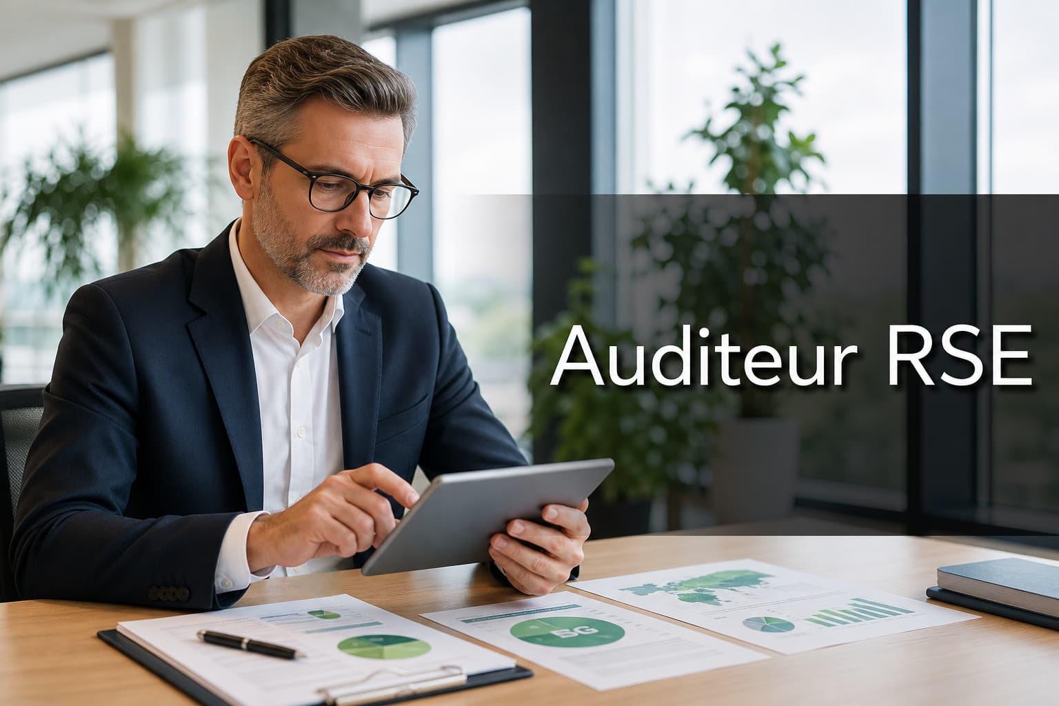 Un professionnel en costume examine des données ESG sur une tablette dans un bureau moderne aux grandes fenêtres, avec des plantes vertes floues en arrière-plan et le texte
