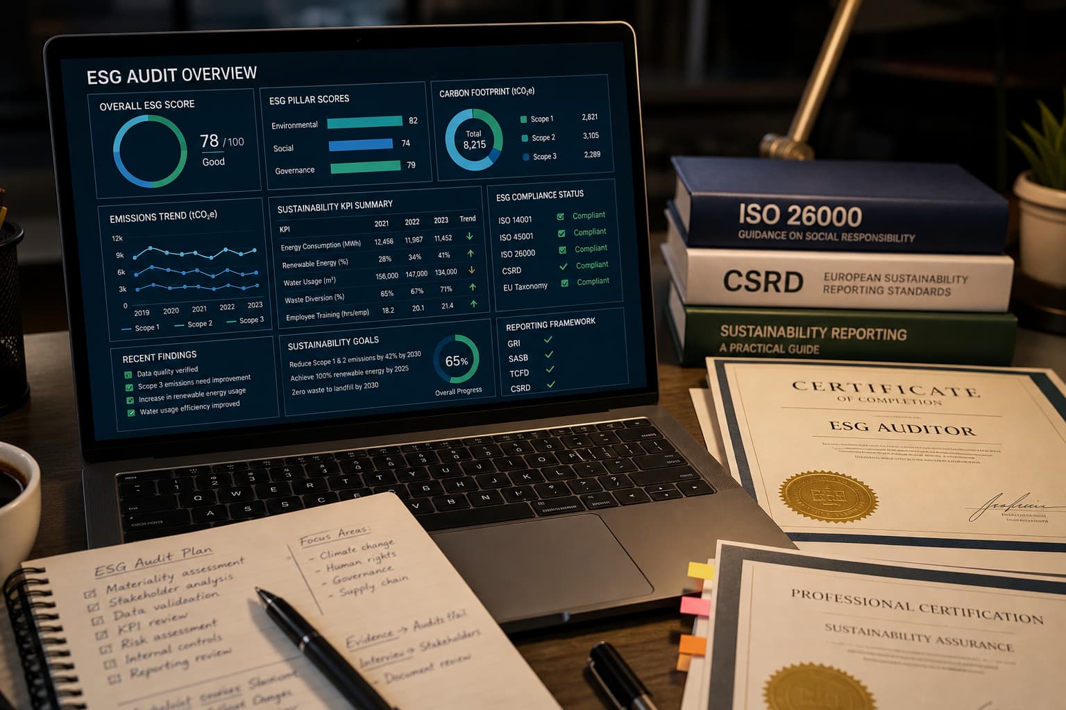 Un ordinateur portable affichant des tableaux de bord de données ESG est posé sur un bureau à côté de documents officiels et de livres de référence.