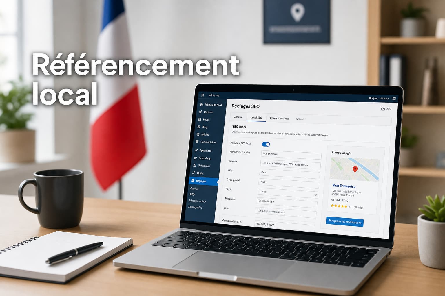 Bureau propre avec un ordinateur portable affichant le tableau de bord E-monsite, des paramètres SEO et une interface en français, un drapeau français en arrière-plan et le texte superposé