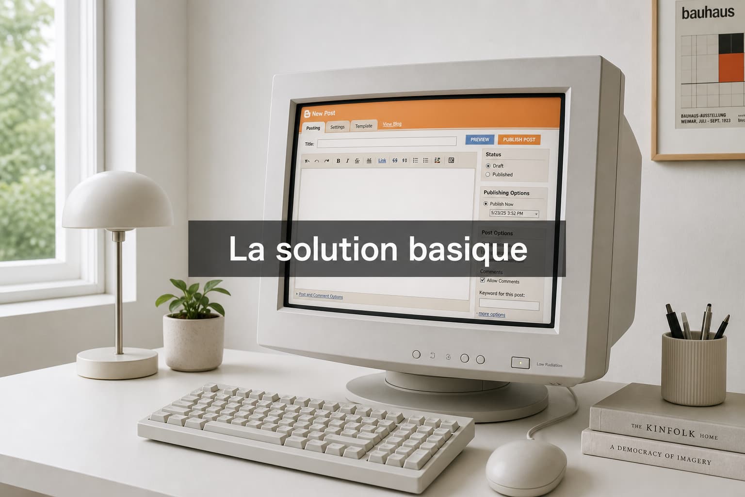 Bureau minimaliste avec un moniteur de style rétro affichant l