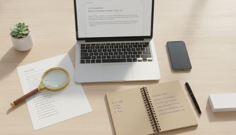 Vue de dessus d'un bureau moderne avec un ordinateur portable affichant un brouillon d'email, une loupe sur une liste d'adresses, un smartphone et un carnet de notes, le tout dans une lumière naturelle douce.