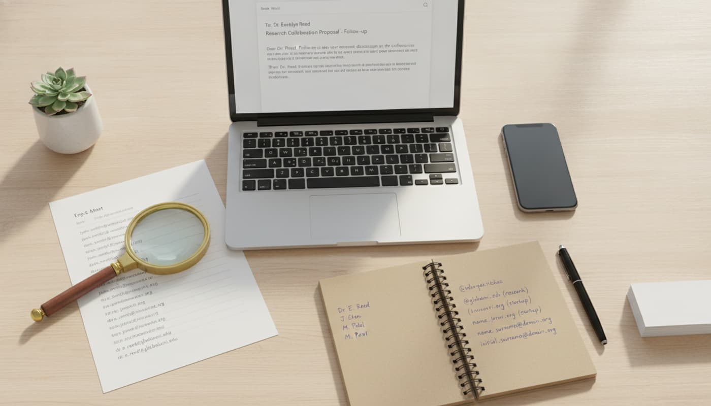 Vue de dessus d'un bureau moderne avec un ordinateur portable affichant un brouillon d'email, une loupe sur une liste d'adresses, un smartphone et un carnet de notes, le tout dans une lumière naturelle douce.